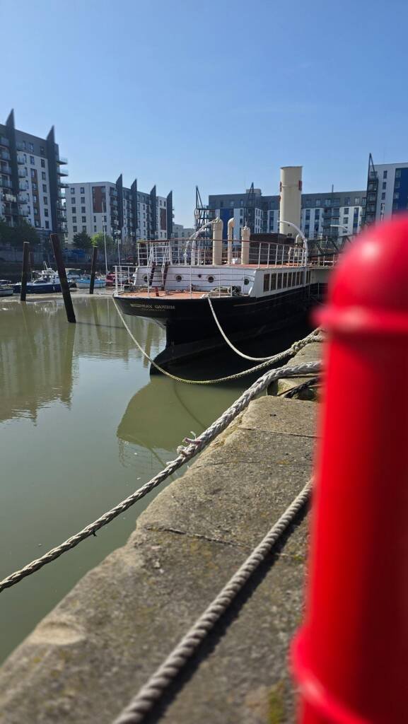 View of the dock beside the historic Medway Queen ship during the "Art for Peace" charity auction in support of Ukraine.