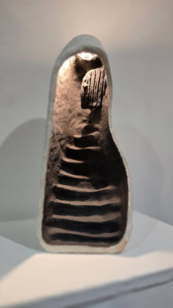 Ceramic sculpture displayed at the Summer Exhibition 2025 alongside Aliya Bodnar’s paintings.