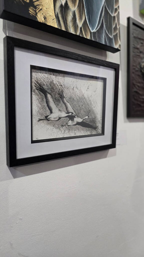 Framed black and white landscape artwork by Trish Fairchild displayed at the Summer Exhibition 2025.