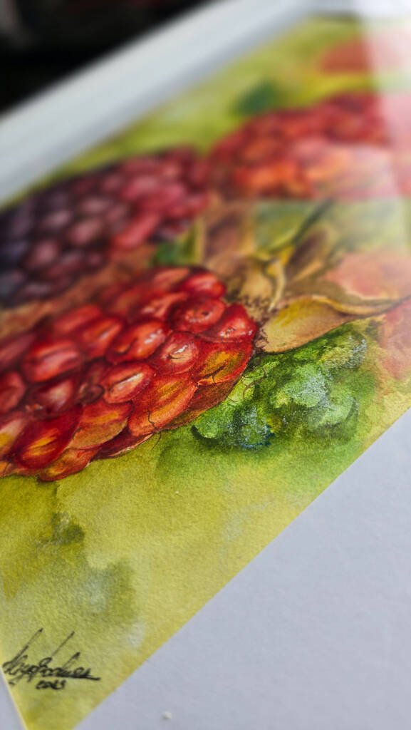 Close-up of Aliya Bodnar’s watercolour painting “Blackberries from the Garden” — a tribute to childhood memories and summer joy.