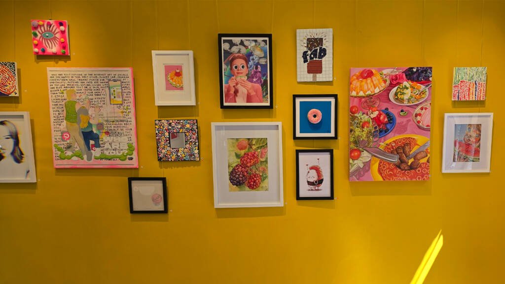 Exhibition wall featuring Aliya Bodnar’s painting “Blackberries from the Garden” at the TASTE group show in Medway, 2025.