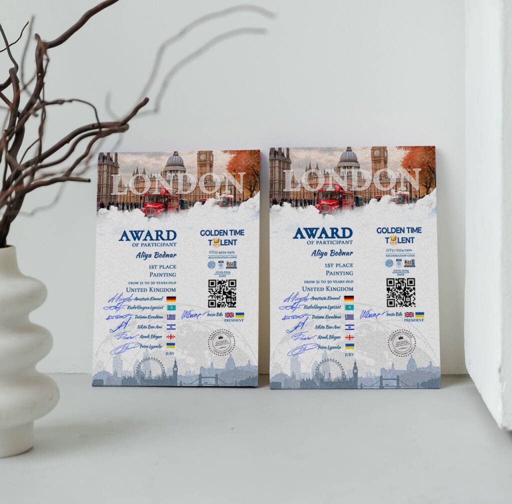 Three art competition diplomas awarded to Aliya Bodnar during the UK season, displayed against a white background.
