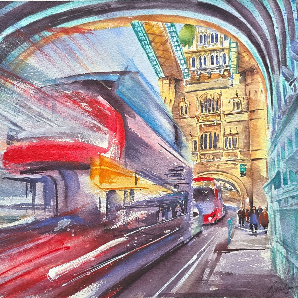 Award-winning watercolor painting by Aliya Bodnar titled "Exploring London Landmarks", capturing the dynamic rhythm of the city.