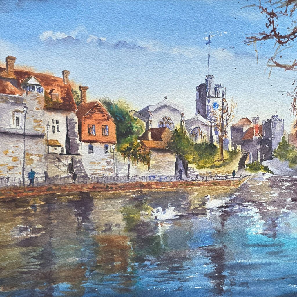 Watercolor painting of Saints Church by Aliya Bodnar, capturing the peaceful charm of Maidstone along the River Medway.