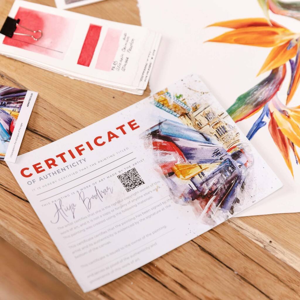 Certificate of artistic achievement surrounded by watercolour brushes and vibrant paints, symbolising Aliya Bodnar’s professional growth