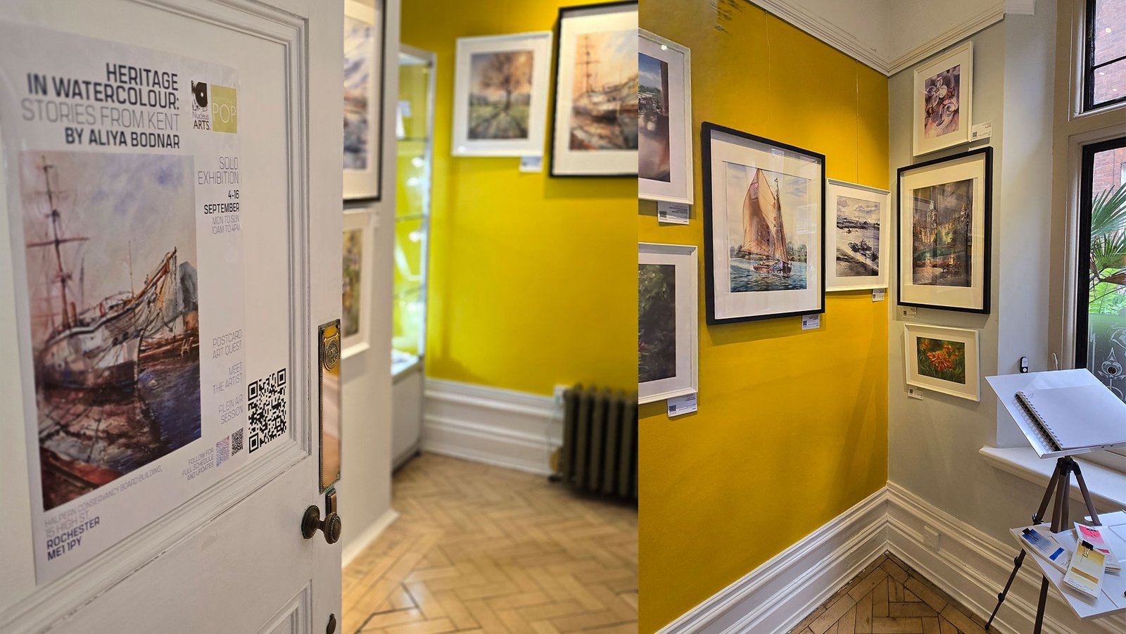 Gallery view of Aliya Bodnar’s solo art exhibition in Rochester, showing framed watercolour artworks on display.