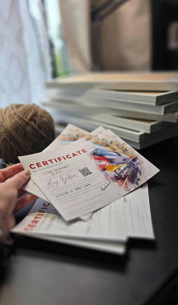 Certificate of authenticity prepared by artist Aliya Bodnar for an original watercolour painting.