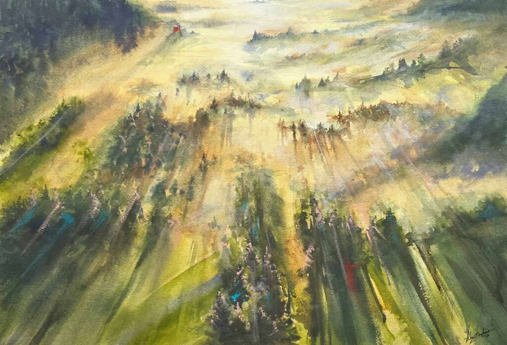 Hundred Shades of Green: An English Forest at Dawn, original contemporary watercolour painting of an English woodland at sunrise by Aliya Bodnar.