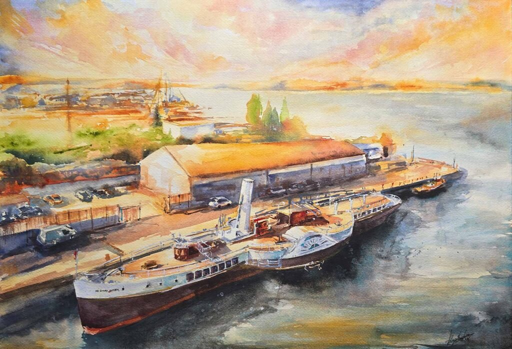Medway Queen Light over the Docks, original contemporary watercolour painting of the historic PS Medway Queen at Chatham by Aliya Bodnar.