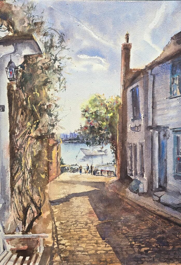 Upon Morning, original contemporary watercolour painting of a quiet historic street in early morning light by Aliya Bodnar.