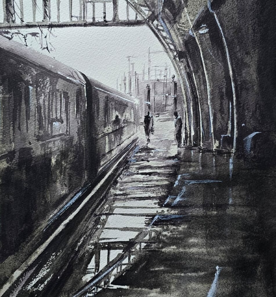 Between Departures watercolour painting by Aliya Bodnar depicting a quiet railway platform at the moment between arrival and departure