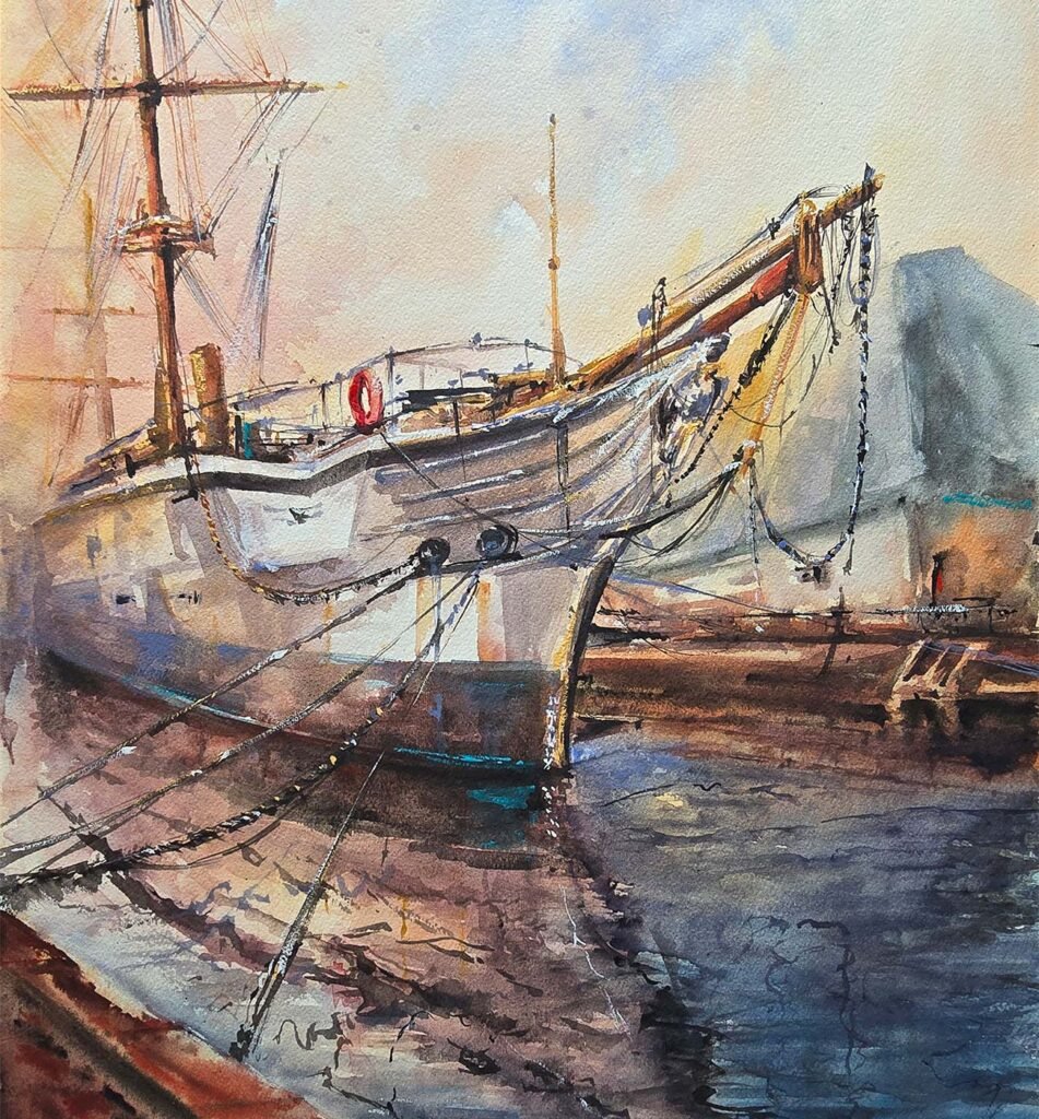 HMS Gannet in Chatham Docks watercolour painting by Aliya Bodnar depicting the historic naval vessel in Chatham Historic Dockyard