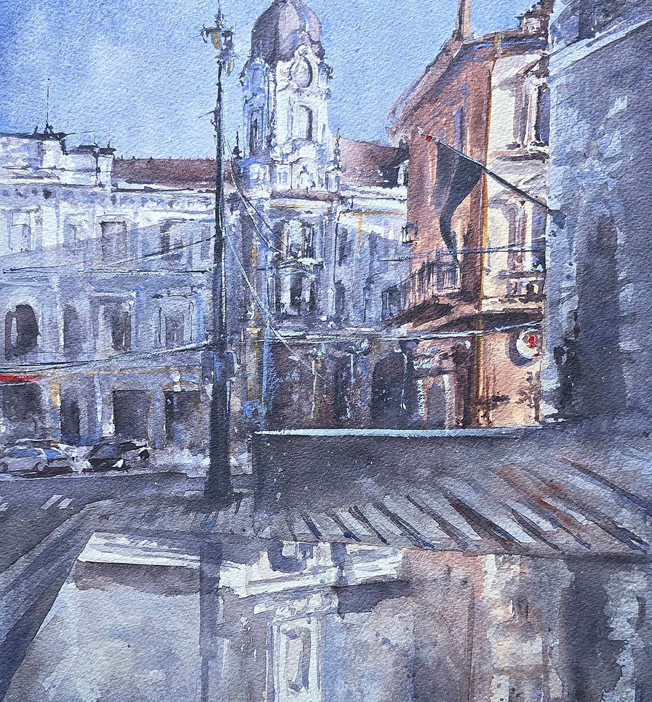 Mirror of the Past watercolour painting by Aliya Bodnar depicting historic architecture reflected in water in Chernivtsi, Ukraine