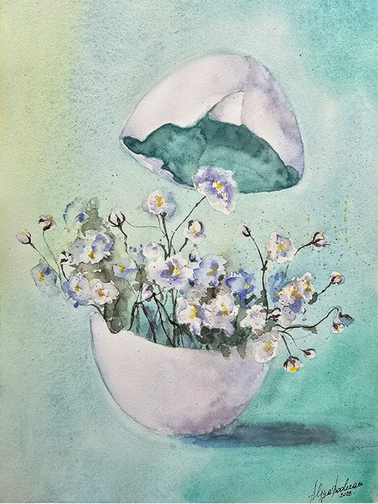 Rebirth, original contemporary watercolour painting symbolising renewal and new beginnings by Aliya Bodnar.