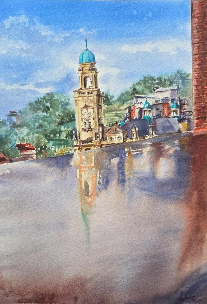 Reflected Charm: Chatham's Brook Theatre, original contemporary watercolour painting of Brook Theatre reflected in water by Aliya Bodnar.