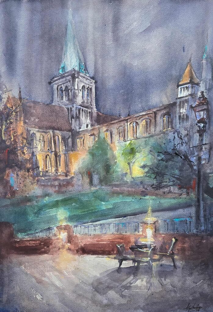 Rochester Cathedral at dusk, original contemporary watercolour painting of Rochester Cathedral at dusk by Aliya Bodnar.