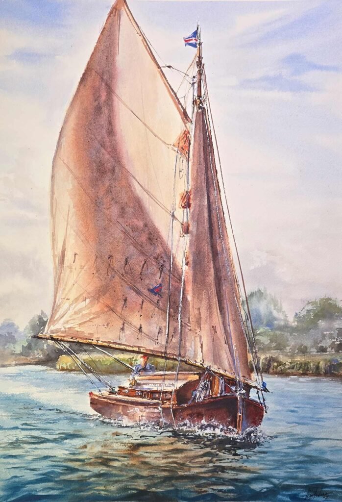 Sailing Stillness: Norfolk Broads in Motion, original contemporary watercolour painting of a traditional sailing boat on the Norfolk Broads by Aliya Bodnar.
