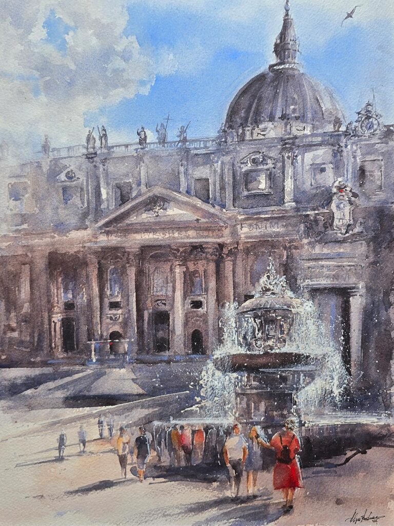 Sanctuary in Motion, original contemporary watercolour painting of St Peter's Square and St Peter's Basilica in Rome by Aliya Bodnar.