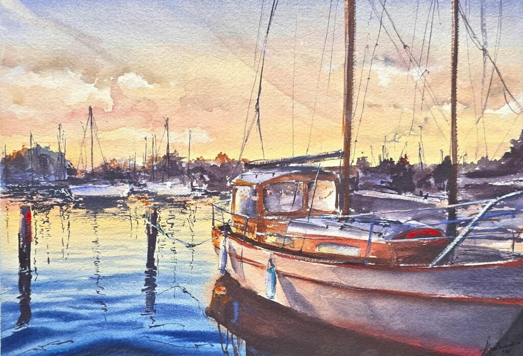 Sleeping boats at sunset in the harbor, original contemporary watercolour painting of boats at sunset in a harbour by Aliya Bodnar.