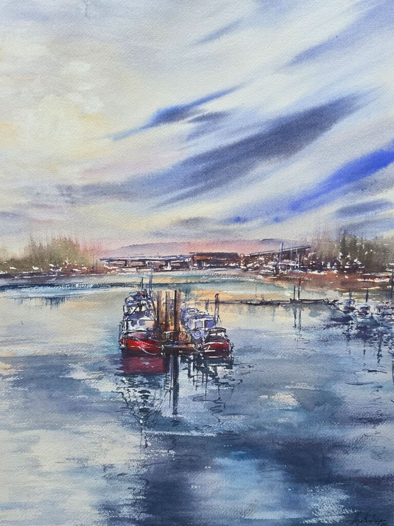Stillness Before the Storm: Strood, original contemporary watercolour painting of the River Medway at Strood by Aliya Bodnar.