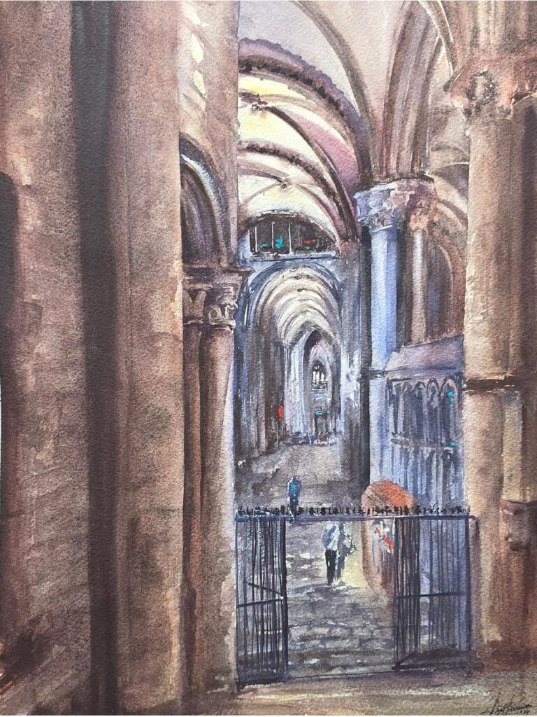 Whispers of Light: Canterbury Cathedral, original contemporary watercolour painting of the interior of Canterbury Cathedral by Aliya Bodnar.