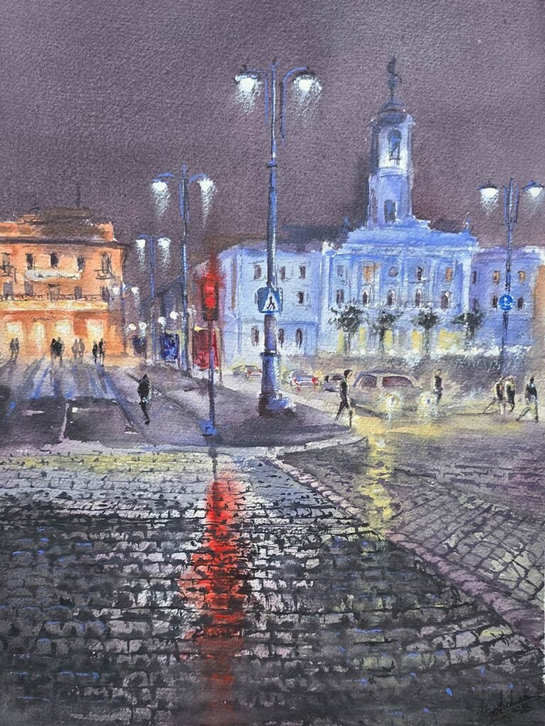Autumn reflections: Chernivtsi, original contemporary watercolour painting of a historic street in Chernivtsi by Aliya Bodnar.