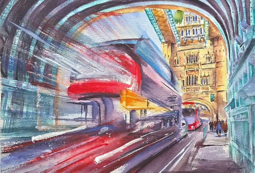 Exploring London Landmarks, original contemporary watercolour painting of a London railway station with light, movement and historic architecture by Aliya Bodnar.
