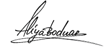 Handwritten signature of contemporary artist Aliya Bodnar