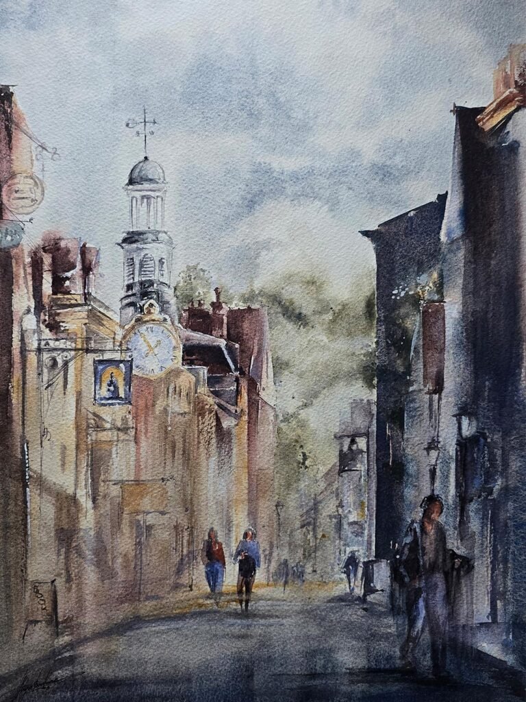 The Hour Between. Rochester, original contemporary watercolour painting of a historic street at twilight by Aliya Bodnar, exploring the quiet threshold between day and night.