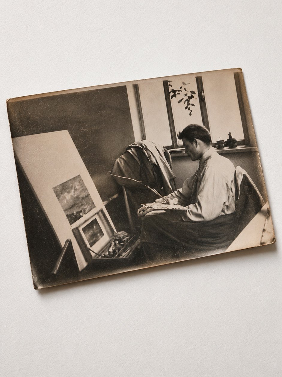 Archival photograph from 1957 showing Aliya Bodnar's grandfather drawing in his improvised home studio