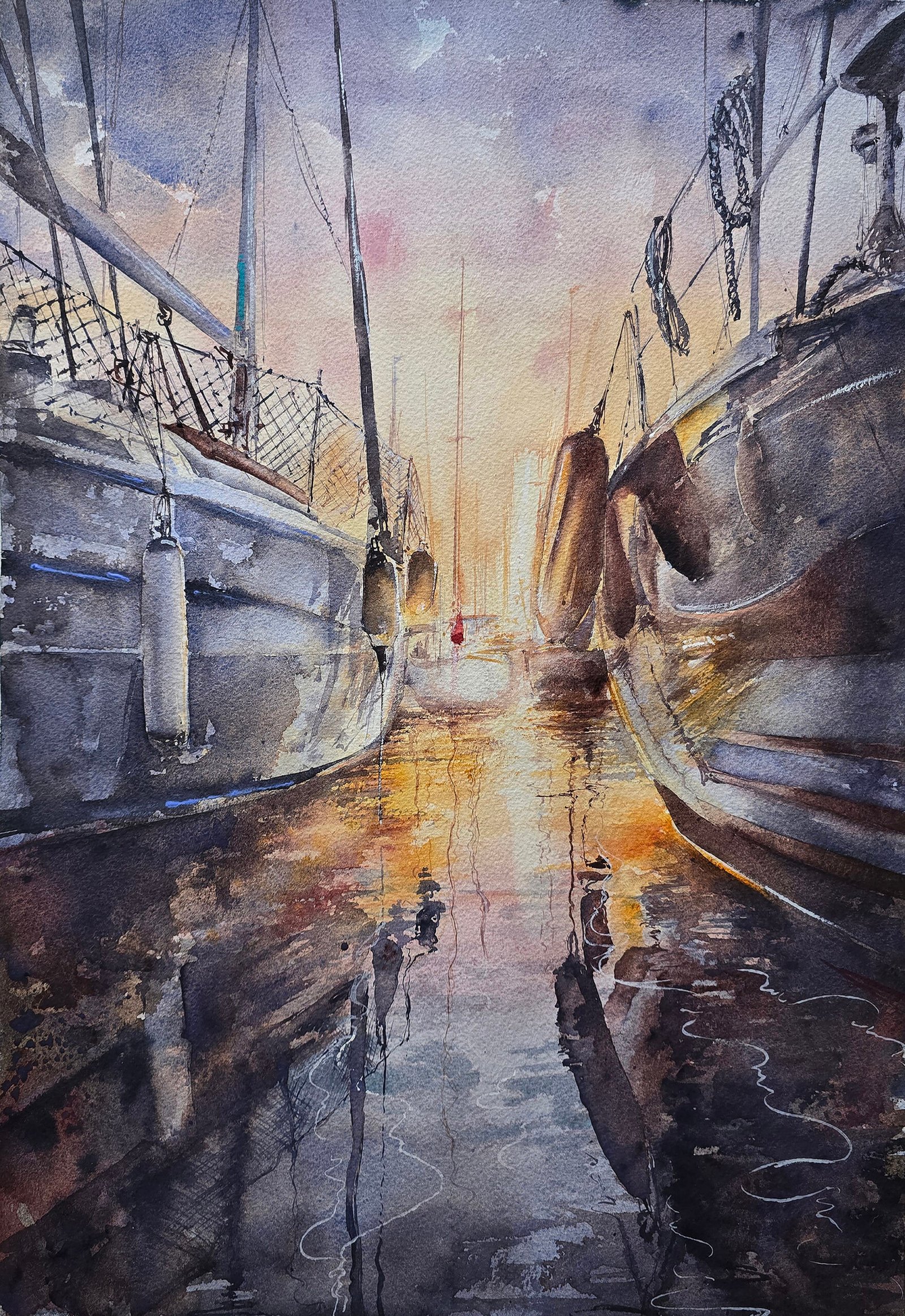 Not Yet, original watercolour painting by Aliya Bodnar exploring boats, reflected light and the uncertain space between