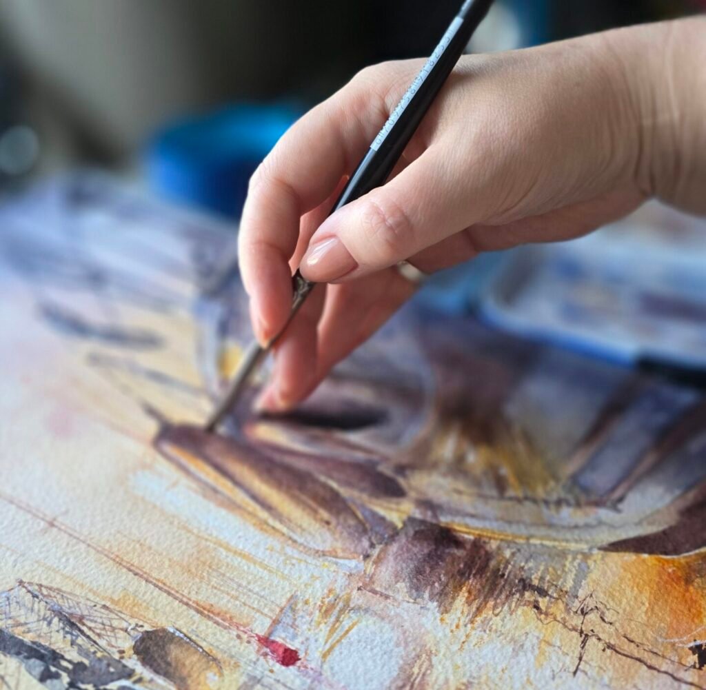 Watercolour artist Aliya Bodnar painting Not Yet, an original watercolour artwork