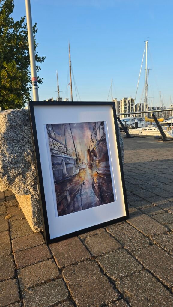 Framed original watercolour painting Not Yet by Aliya Bodnar displayed outdoors