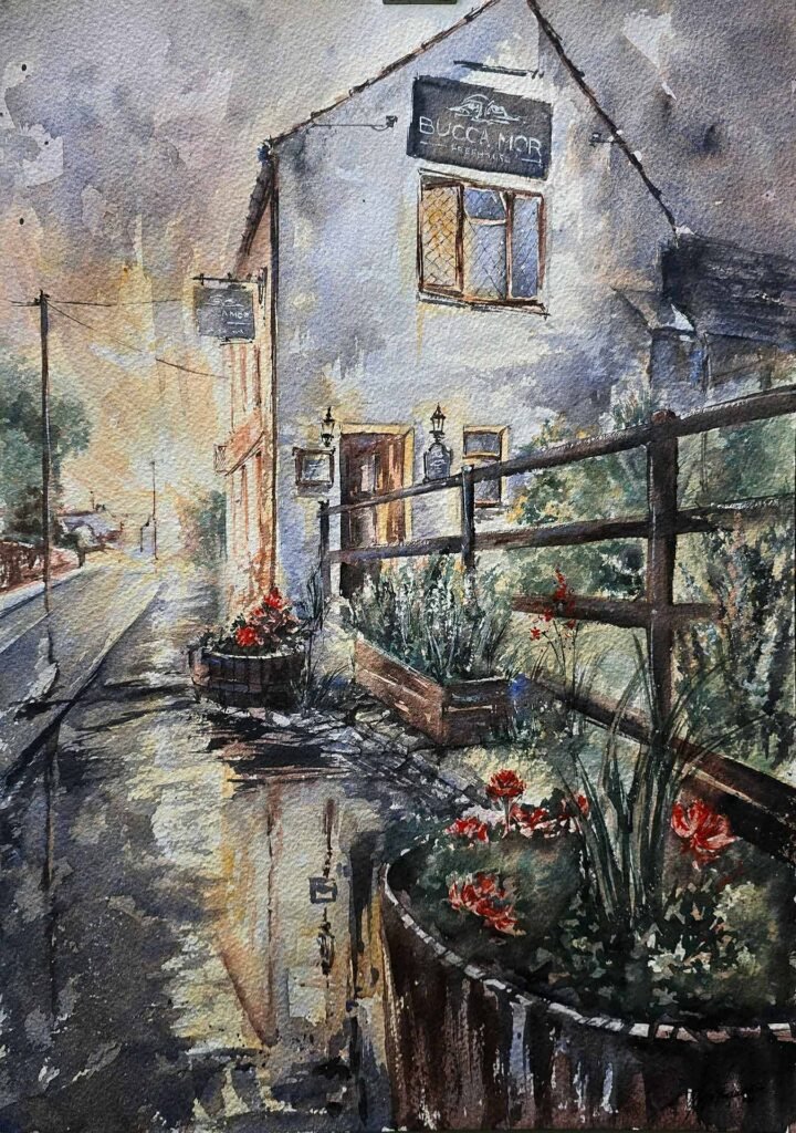 Becoming Bucca Mor, an original watercolour painting of Bucca Mor in Duloe, Cornwall by Aliya Bodnar