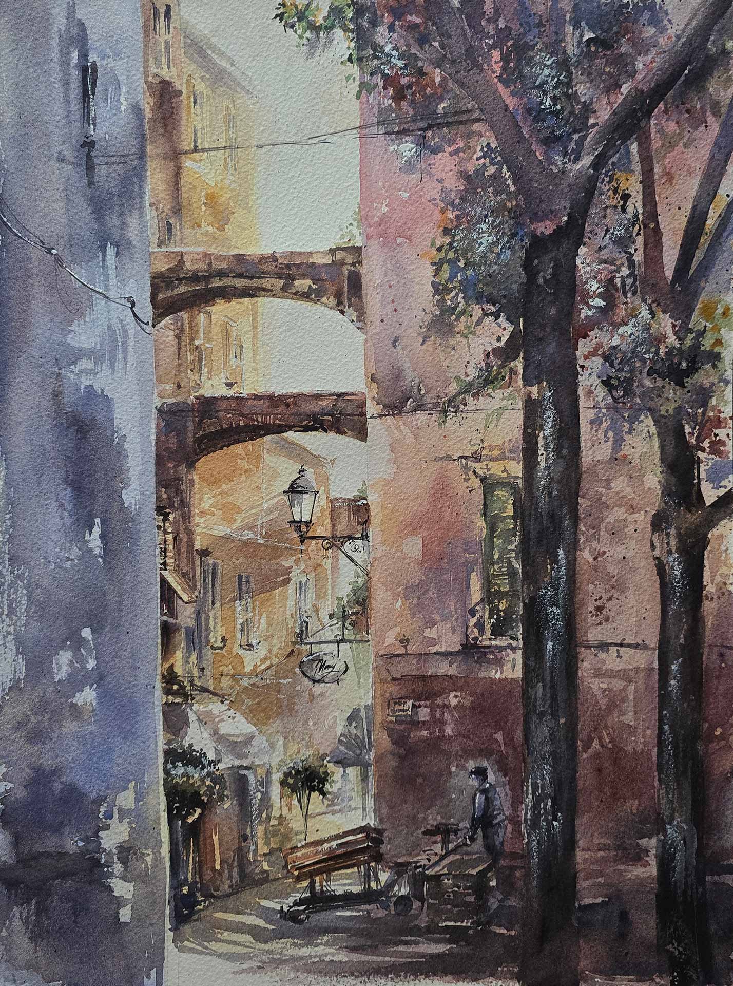 Defined, an original watercolour painting by Aliya Bodnar depicting a narrow Italian street framed by walls, trees and arches.