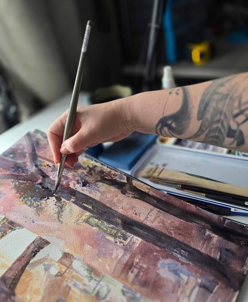 Aliya Bodnar painting details of Defined, an original watercolour painting from Chapter I, Thresholds.